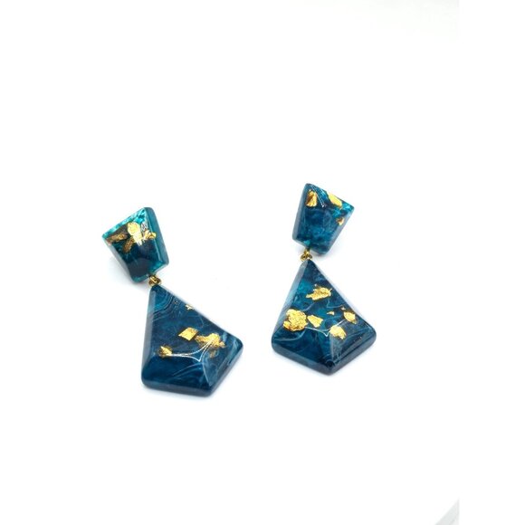 Zsiska Blue Resin Dangle Earrings Gold Leaf Marbled Modernist Statement Signed - Picture 5 of 6